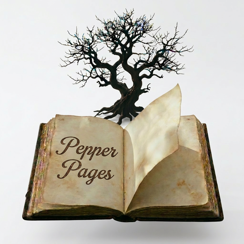 Open book with poem about cherry blossoms on wooden table surrounded by pink cherry blossoms